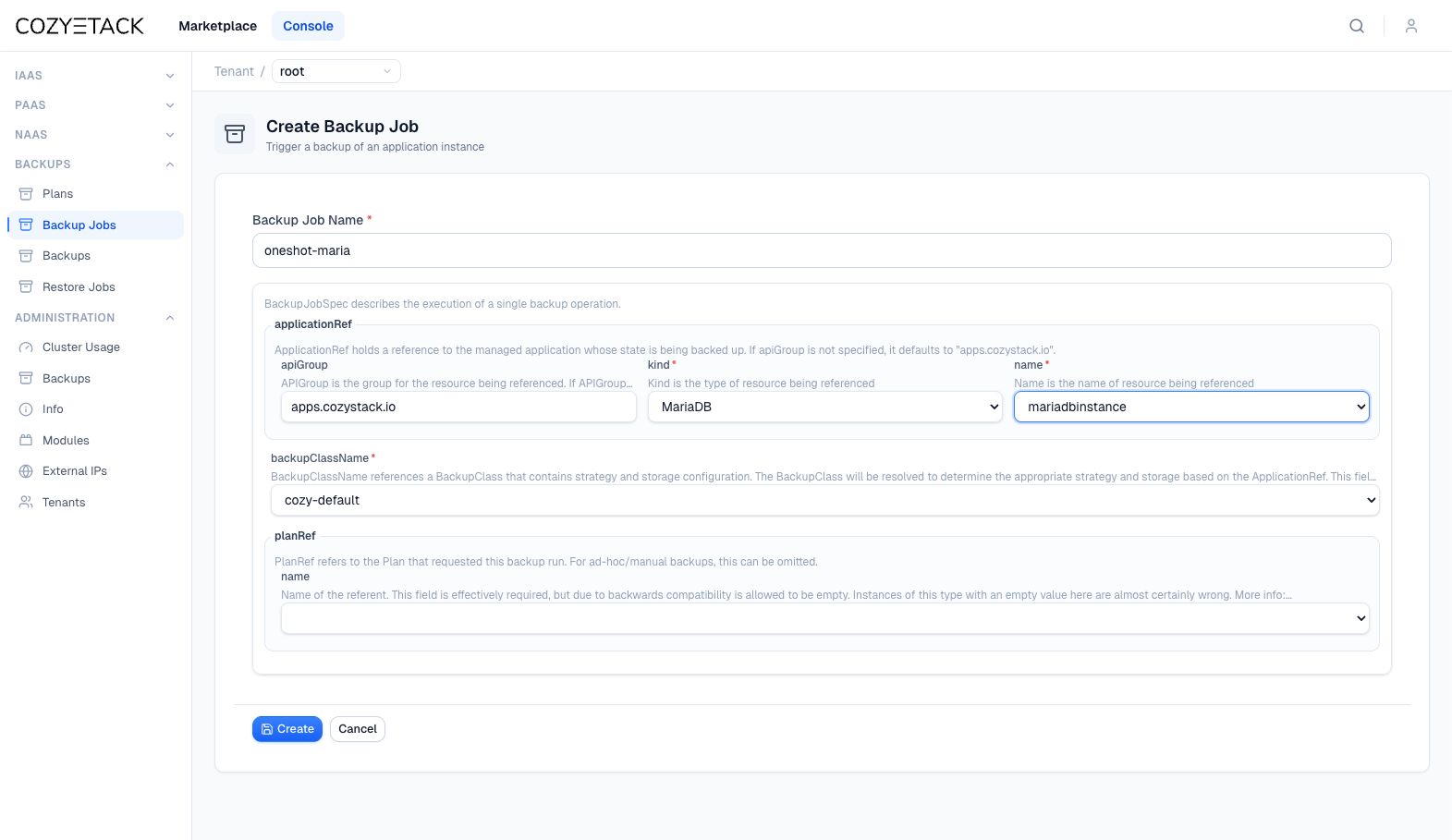 Панель управления Cozystack с формой создания BackupJob для приложения Postgres