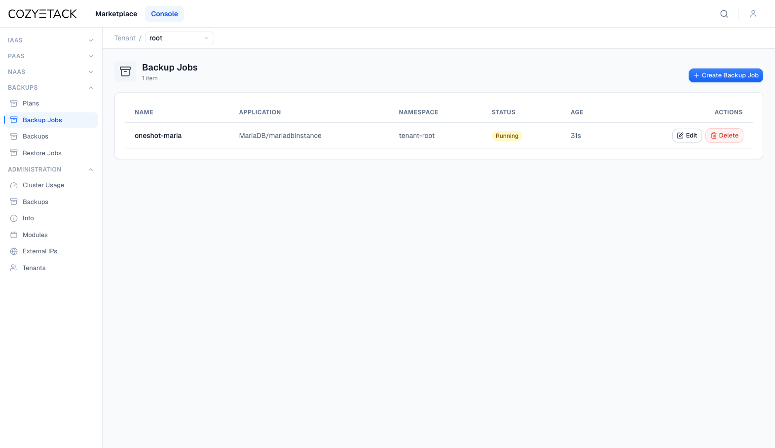 Статус BackupJob с фазой Succeeded и деталями артефакта резервной копии