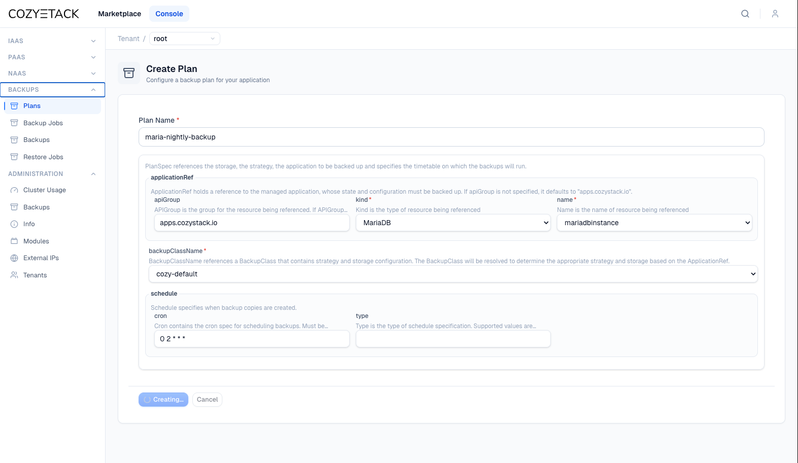 Панель управления Cozystack с формой создания Plan и настройкой расписания cron