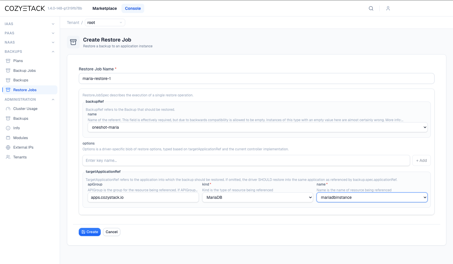 Форма создания RestoreJob с настроенной исходной резервной копией и целевым приложением