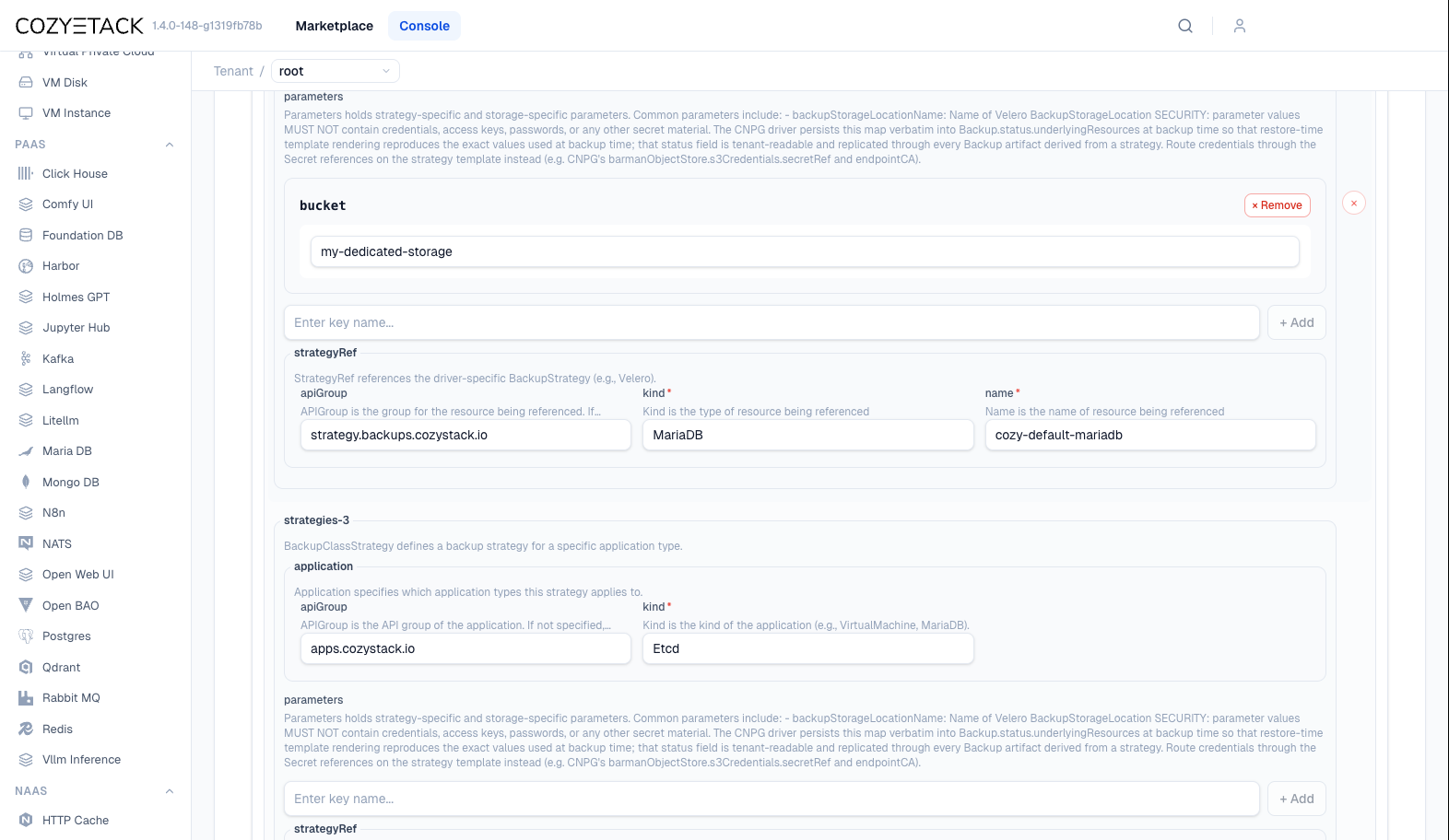 Манифест BackupClass с настройкой стратегии, привязки хранилища и конфигурацией хранения